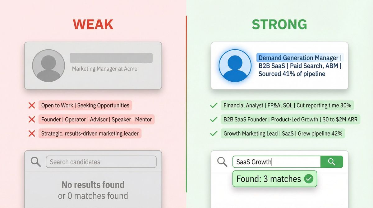 Side-by-side comparison of weak LinkedIn headline mistakes versus strong optimized alternatives for job seekers