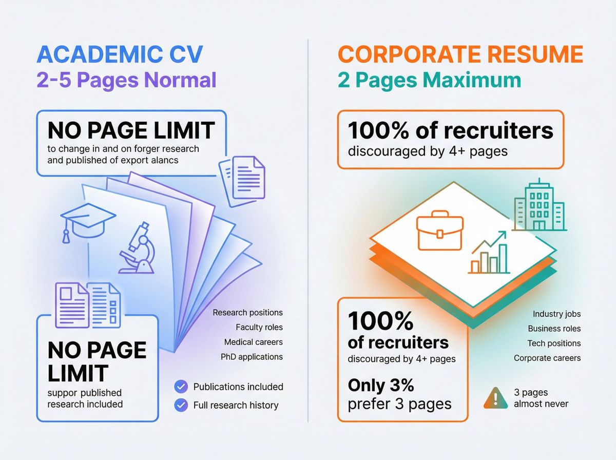 Split comparison showing academic CV path (2-5 pages acceptable) versus corporate resume path (2-page maximum)