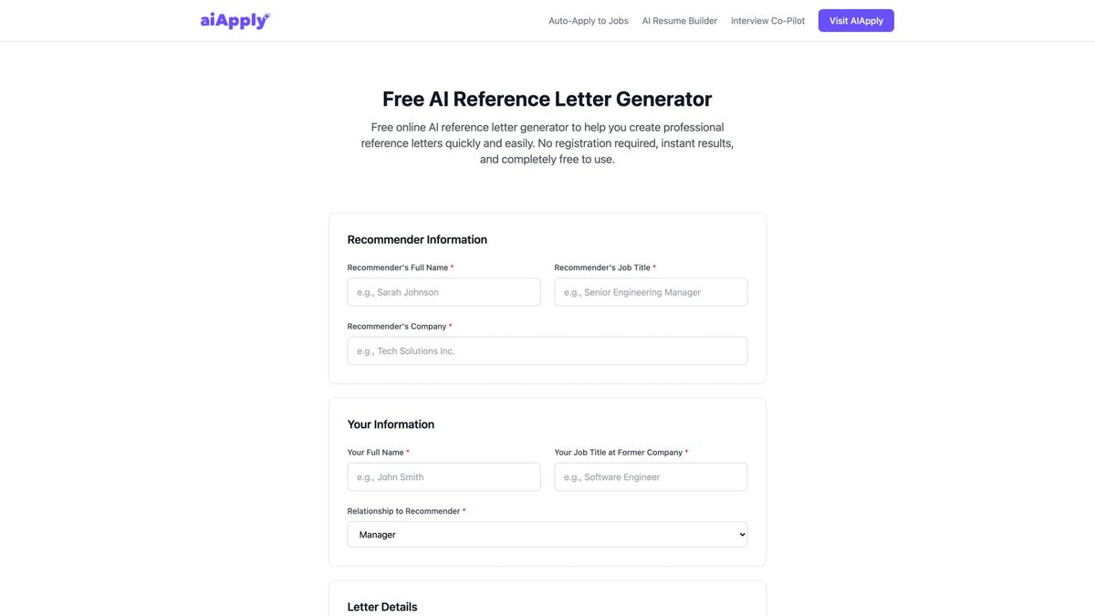 AIApply Free AI Reference Letter Generator tool interface showing Recommender Information and Your Information form fields for creating professional recommendation letters