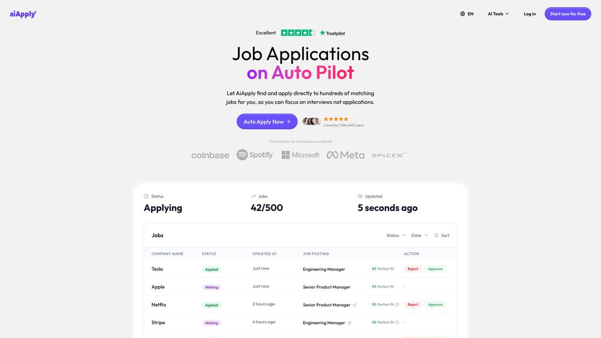 AIApply Auto Apply feature showing automated job application system with customizable search filters