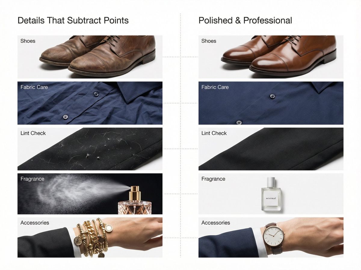 Side-by-side comparison of interview outfit details: polished shoes vs scuffed, pressed vs wrinkled fabric, lint-free vs pet hair