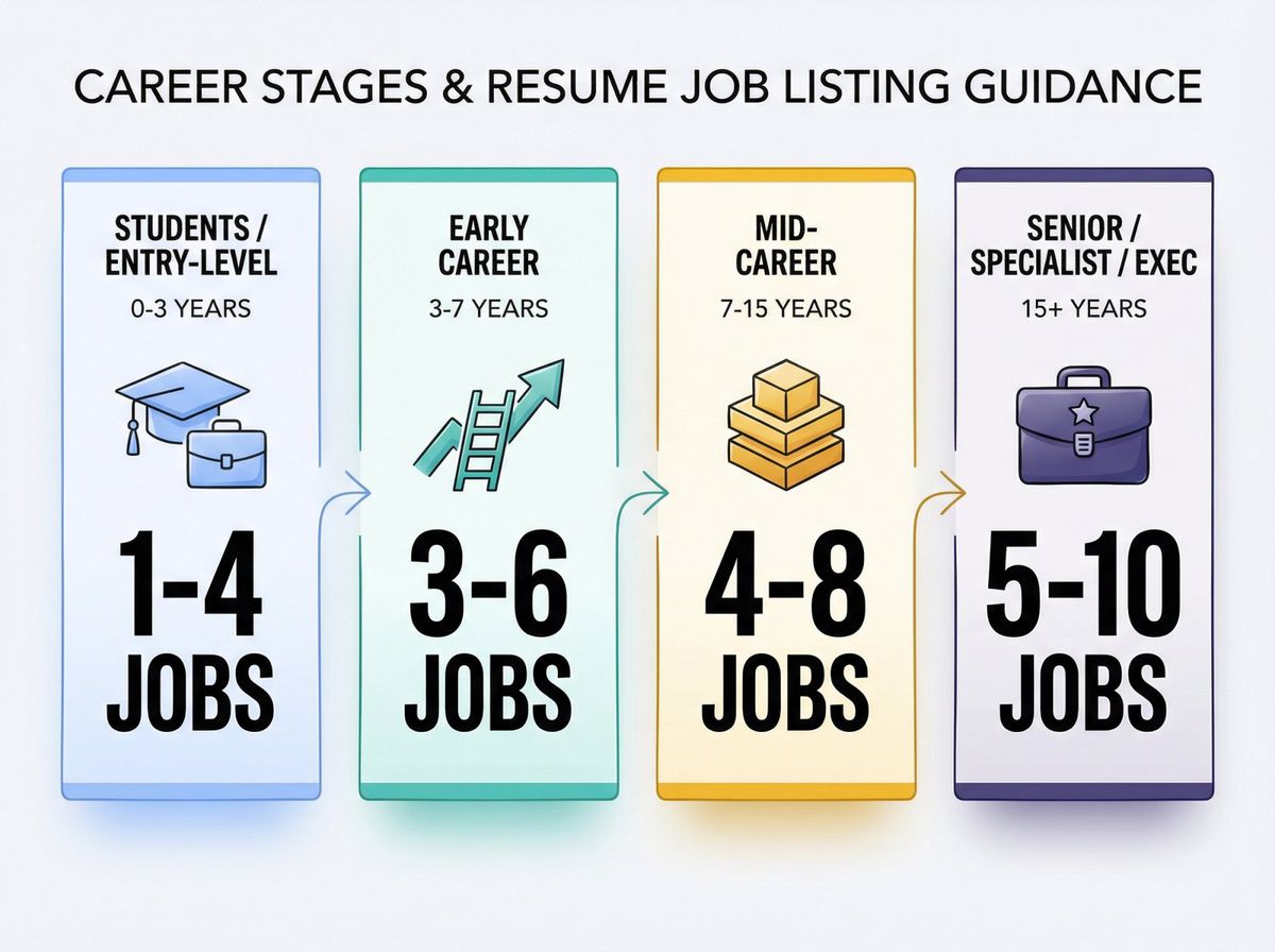 Visual guide showing recommended resume job counts by career stage: entry-level (1-4 jobs), early career (3-6), mid-career (4-8), and senior level (5-10)