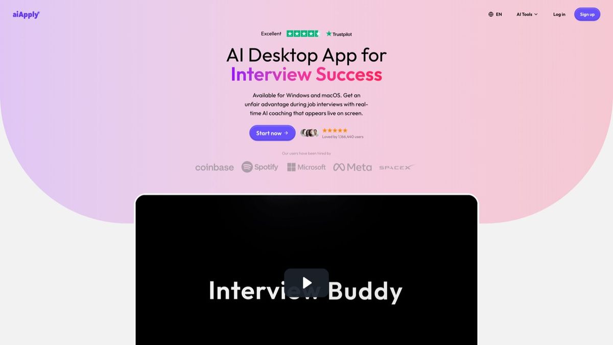 AIApply Interview Buddy product page showing AI-powered real-time coaching tool for job interviews on desktop