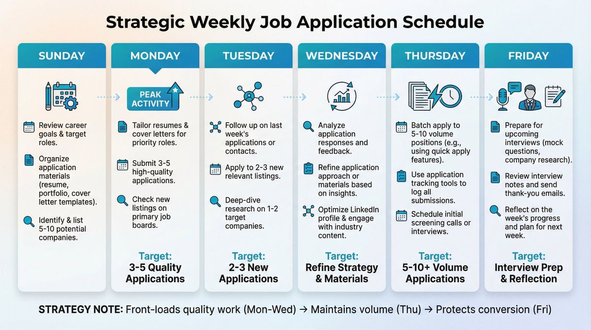 Weekly job application schedule showing daily tasks from Sunday planning through Friday interview prep