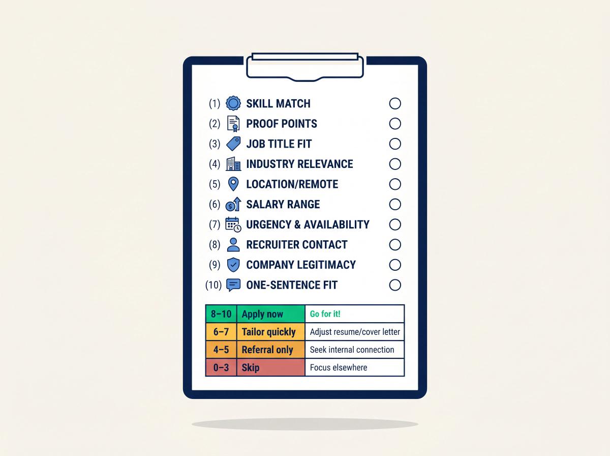 A 10-point job posting scorecard showing criteria like skills match, salary fit, and recency with a tiered action guide