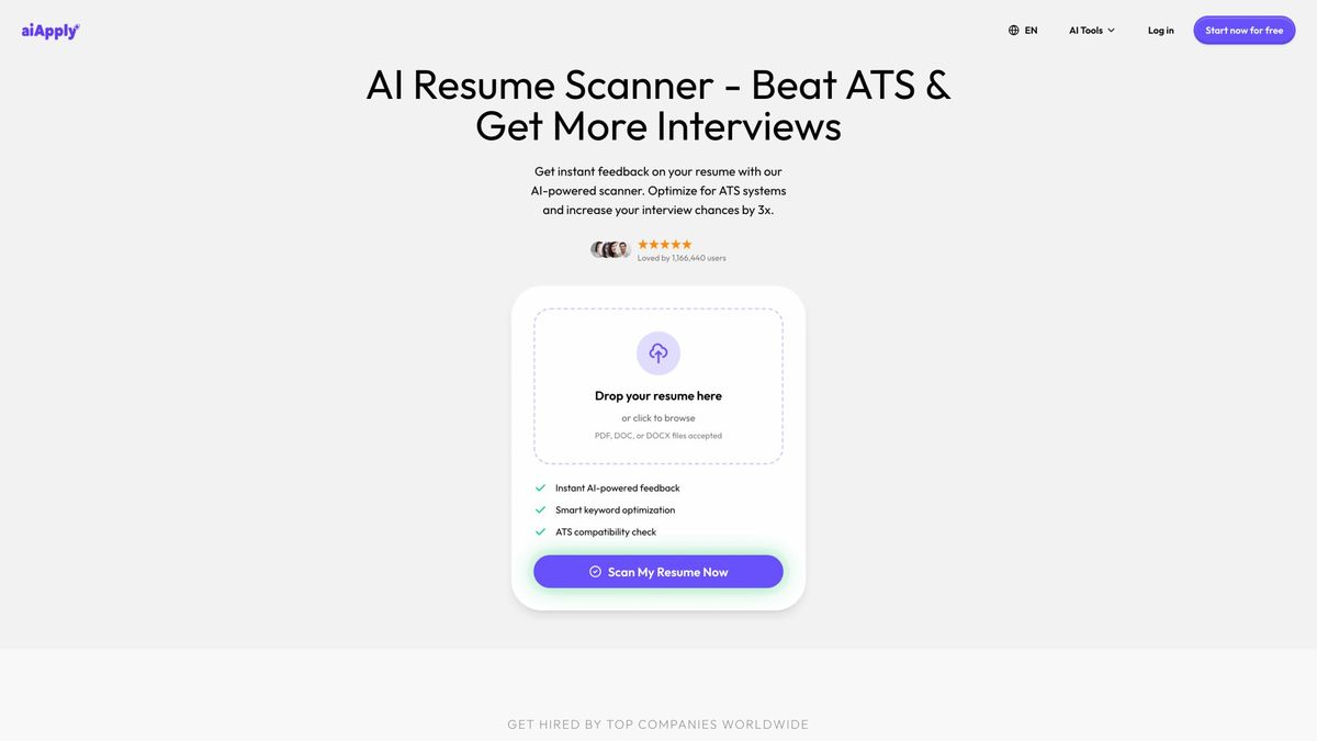 AIApply Resume Scanner dashboard showing ATS compatibility check and keyword optimization feedback