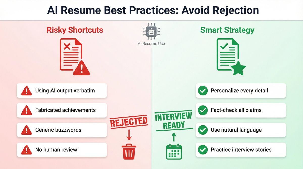 Side-by-side comparison infographic showing risky AI resume shortcuts vs smart AI resume strategies