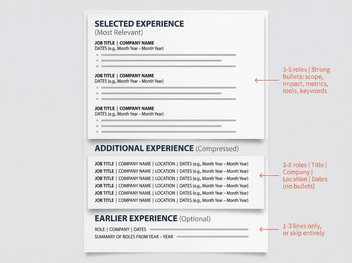Visual breakdown of the three-tier Selected Experience resume format showing detailed, compressed, and summary sections