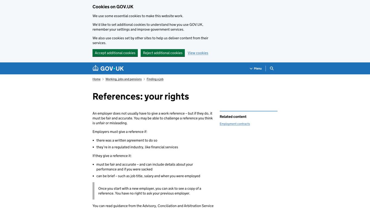 UK Government official guidance page on work references showing what employers can and cannot say