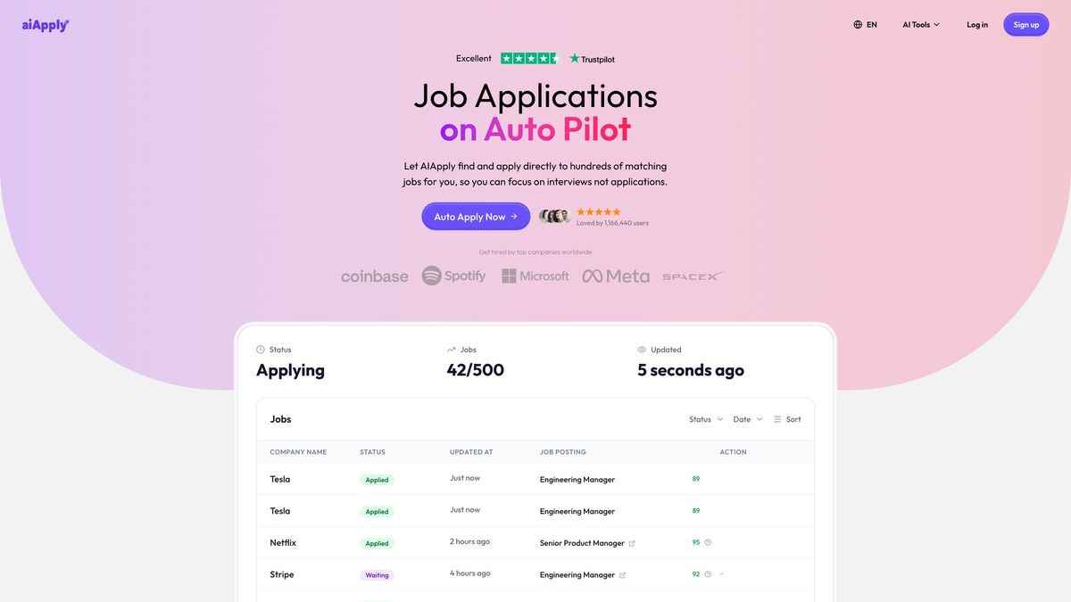 AIApply Auto Apply dashboard showing "Job Applications on Auto Pilot" with live status tracking of 42 of 500 jobs applied at Tesla, Netflix, and Stripe