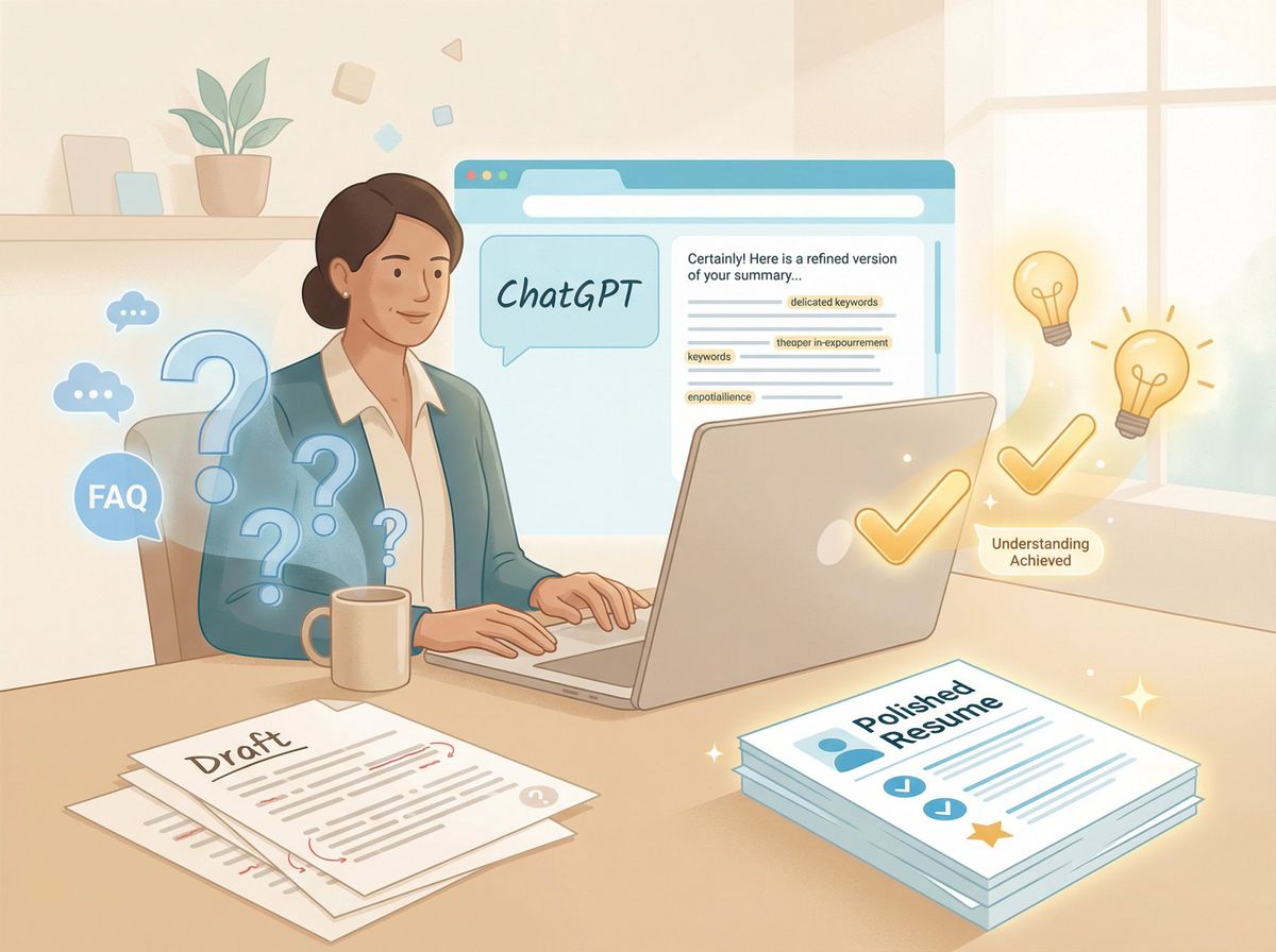 Professional confidently using ChatGPT for resume writing with questions transforming into clear answers