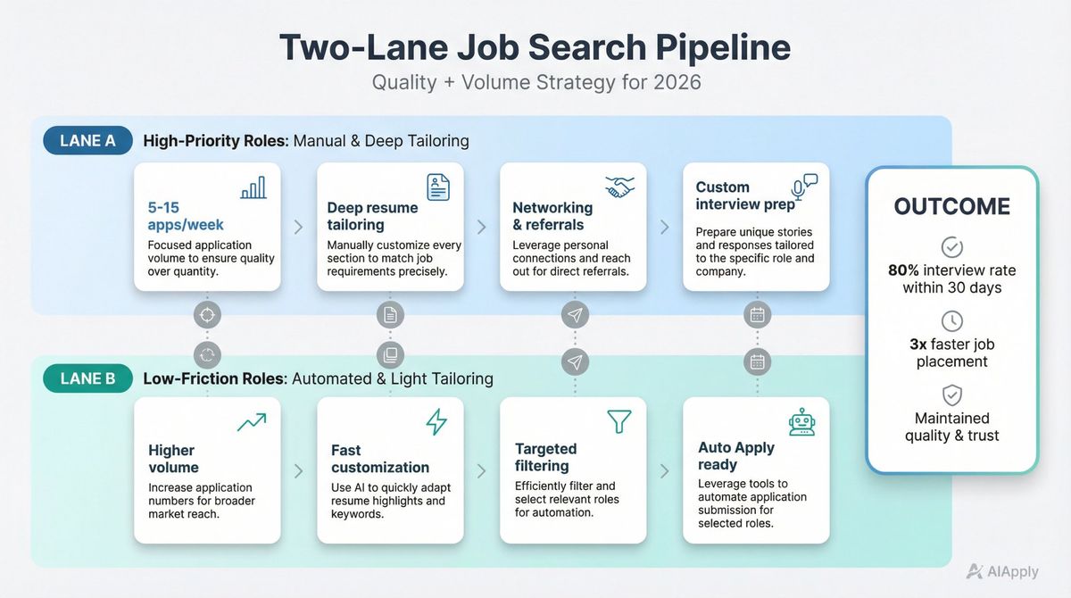 Visual diagram showing AI job search two-lane pipeline strategy with Lane A for manual deep tailoring and Lane B for automated volume
