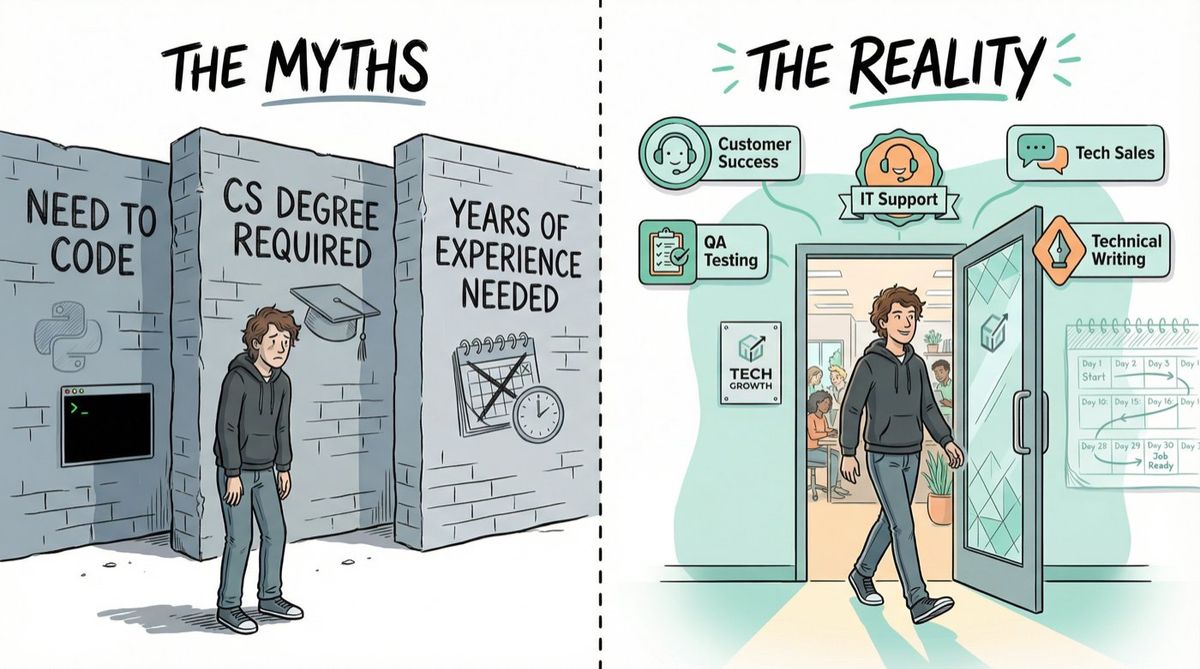 Editorial illustration contrasting tech job myths with reality: no degree needed, no coding required, proof-of-work beats experience