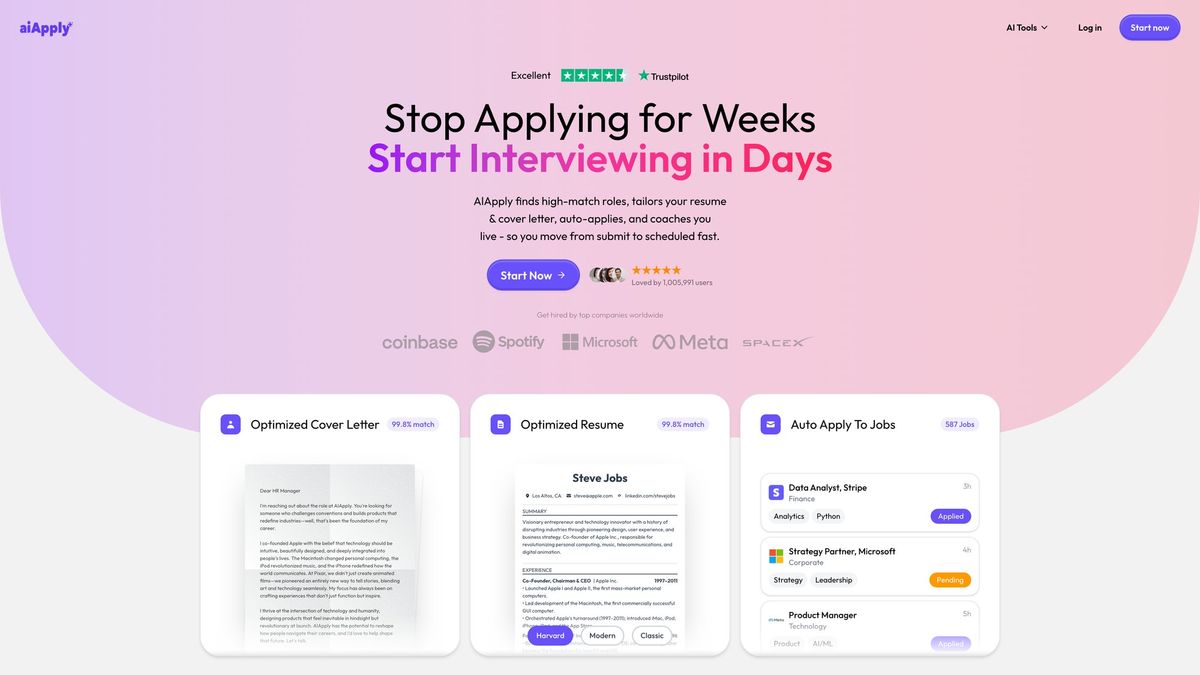 AIApply homepage showing the hero section with the tagline Stop Applying for Weeks Start Interviewing in Days, featuring AI-powered resume builder, cover letter generator, and auto-apply tools with Trustpilot rating and partner company logos including Coinbase, Spotify, Microsoft, Meta, and SpaceX