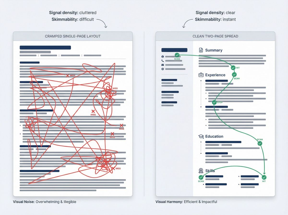 Split comparison showing cluttered 1-page CV versus organized 2-page CV with recruiter eye-tracking patterns highlighting readability advantage