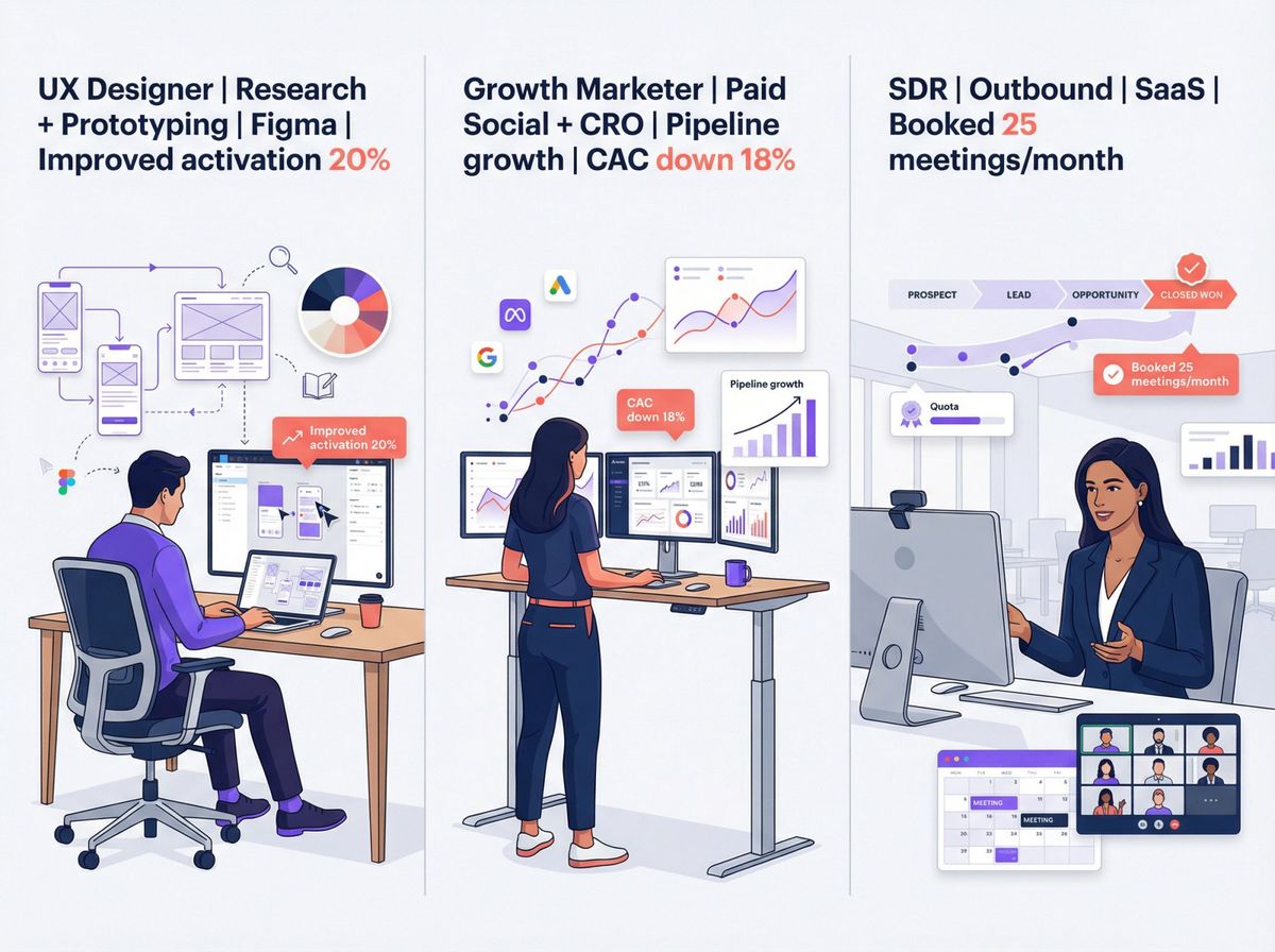 Three professional headline examples showing UX Designer, Growth Marketer, and Sales Development Rep with optimized LinkedIn formulas