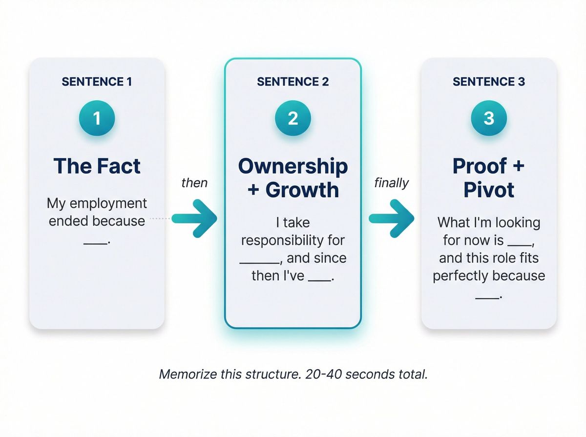 Visual diagram showing the 3-sentence framework for explaining being fired in interviews