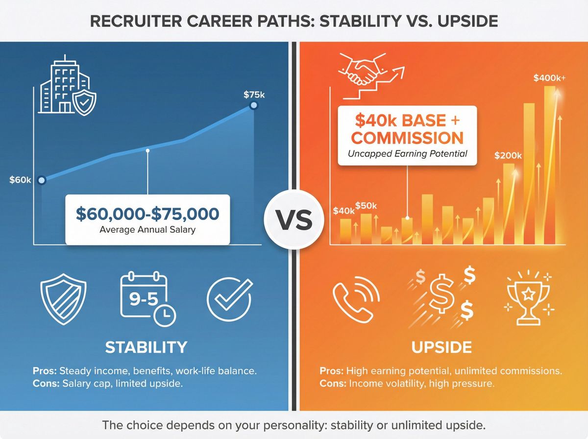 Split comparison showing in-house recruiter steady $60-75k salary vs agency recruiter variable commission earning up to $400k+