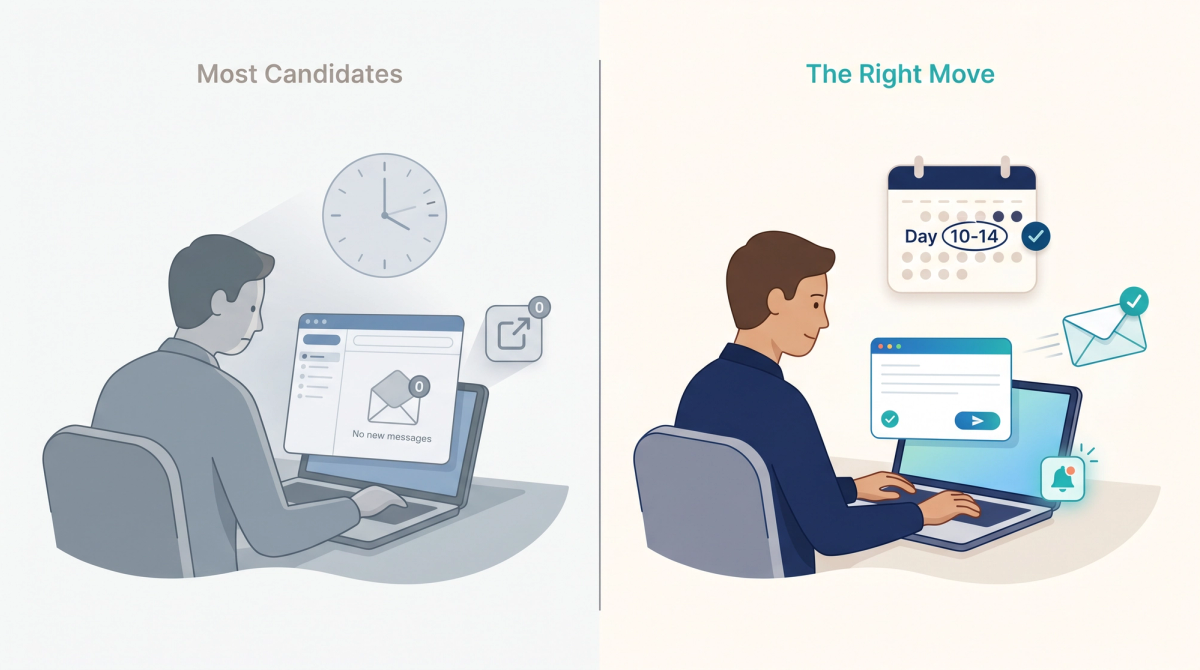 Split editorial illustration comparing a passive job applicant who never follows up versus a proactive candidate sending a timely, professional follow-up message