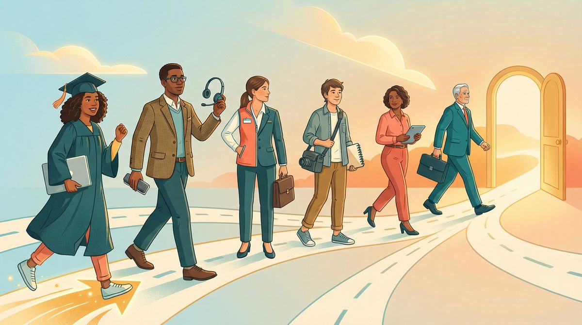Editorial illustration showing diverse professionals at career transition points — student, career changer, freelancer, executive — all moving toward new opportunities