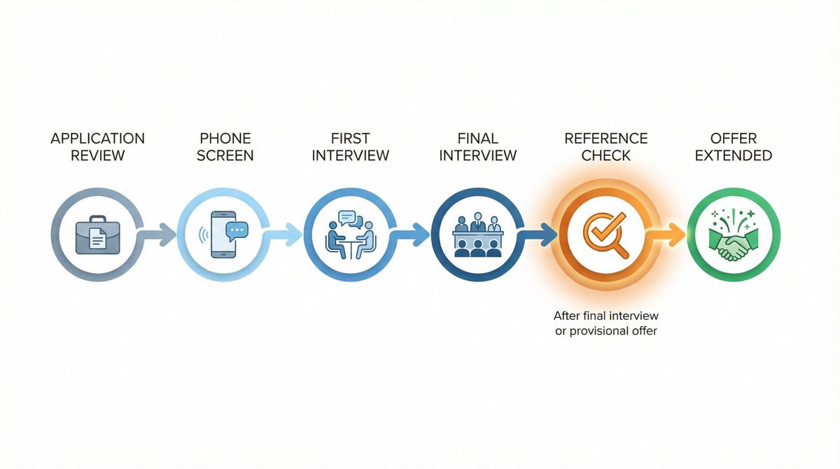 Hiring process timeline showing reference checks occur after final interview stage, near provisional offer