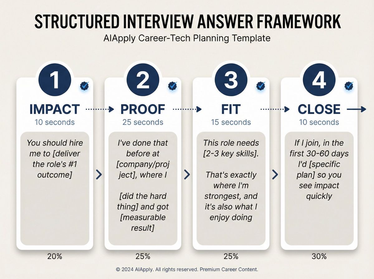 Visual template showing the 4-part interview answer framework with fill-in-the-blank sections for customization