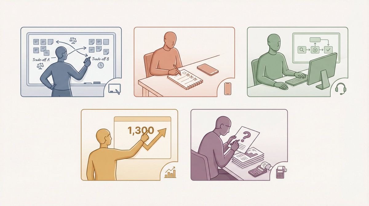 Five professional roles each showing a systematic approach to overcoming a role-specific weakness in job interviews