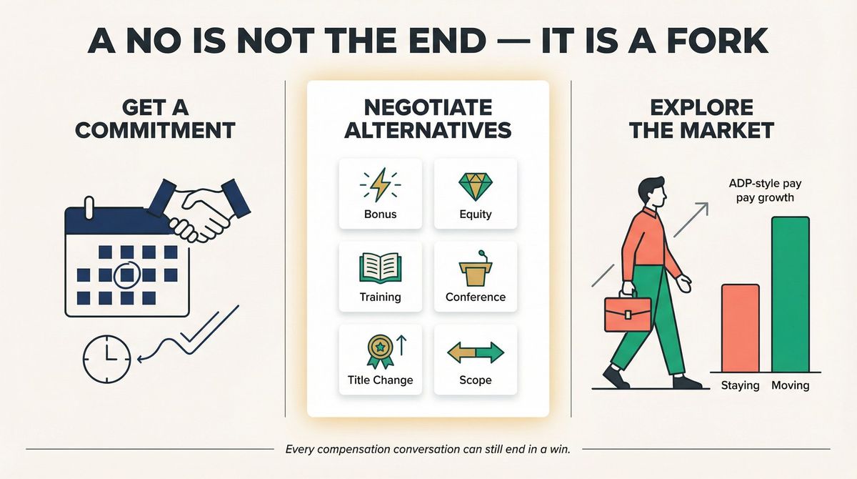 Three strategic paths after a raise denial: secure a future commitment, negotiate alternative compensation, or explore the job market