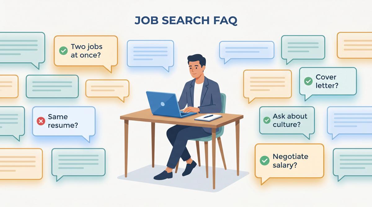 Job seeker at laptop surrounded by Q&A cards answering common questions about applying to multiple roles at one company