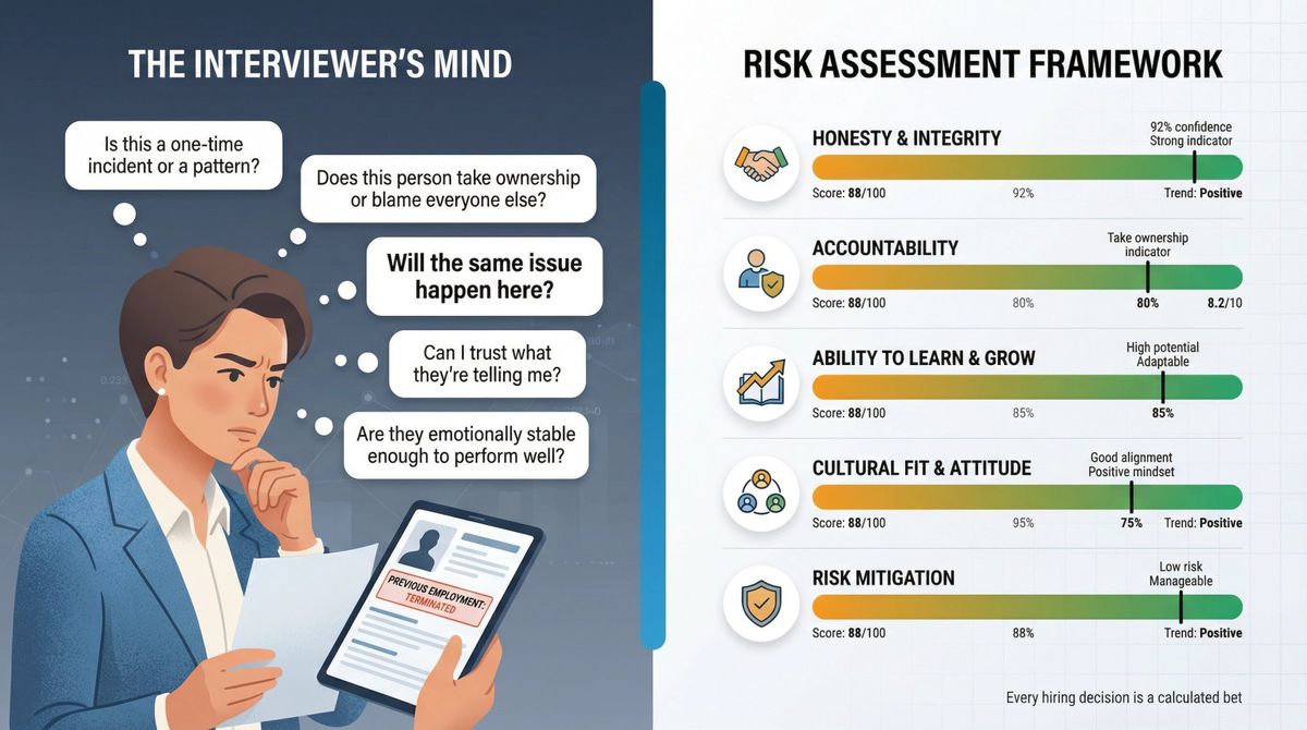 Visual diagram showing the five key questions interviewers mentally ask when evaluating a candidate who was fired