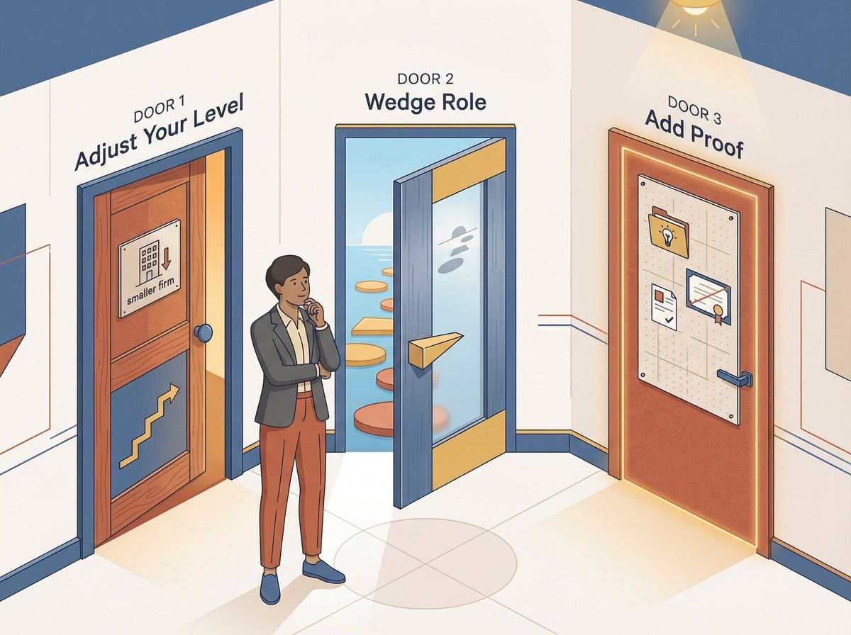Editorial illustration of three strategic pivot paths for job seekers: adjust role level, wedge role entry, and add proof projects