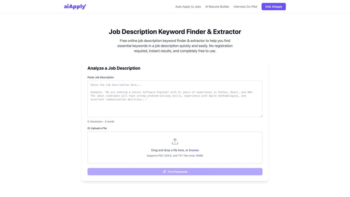 AIApply's Job Description Keyword Finder tool extracting searchable keywords and skills from job postings