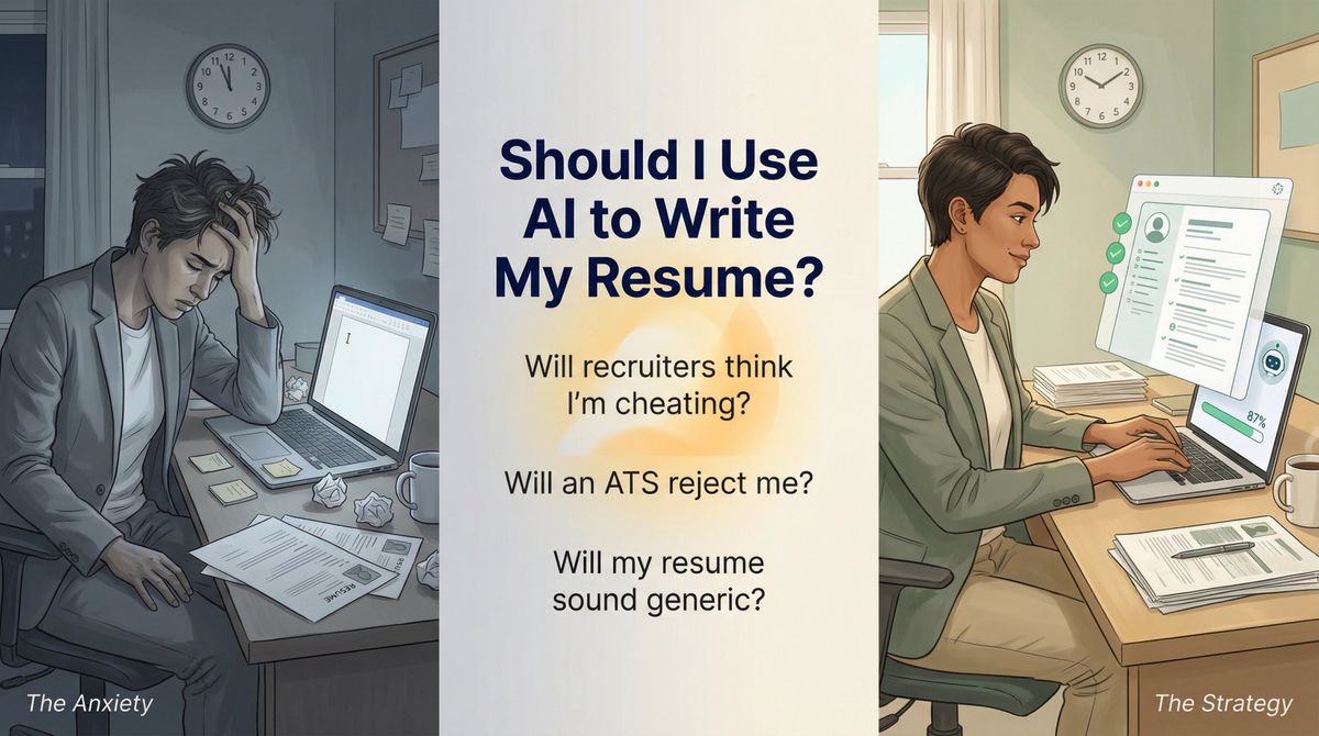 Visual journey from resume anxiety to AI-assisted confidence: job seeker transformation story in three panels