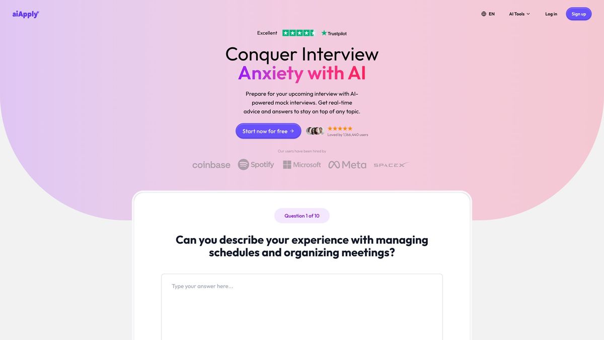 AIApply Mock Interview tool homepage showing AI-powered interview practice interface with sample question and answer field
