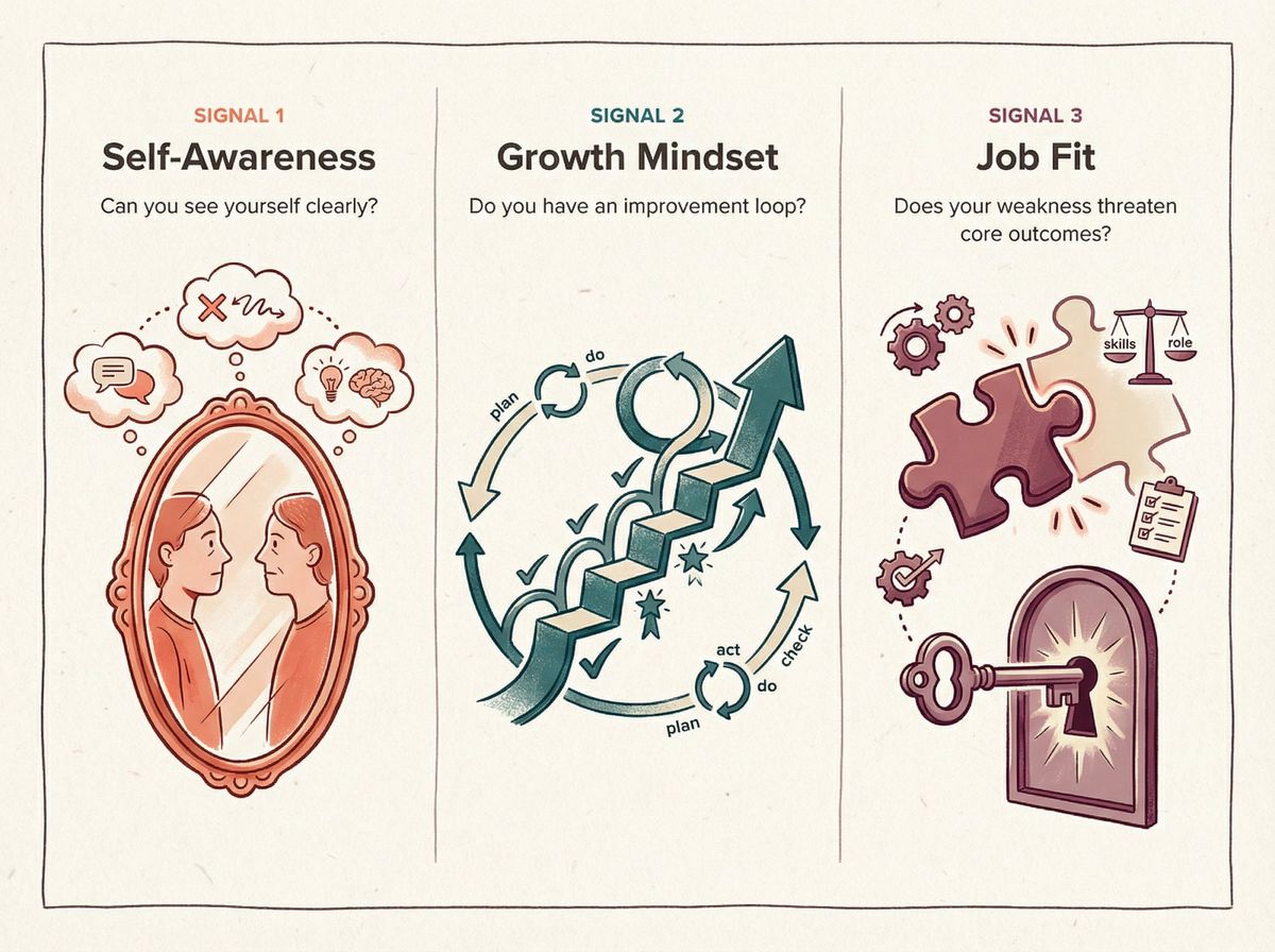 Three-panel infographic showing the three signals interviewers evaluate when asking about weaknesses: self-awareness, growth mindset, and job fit
