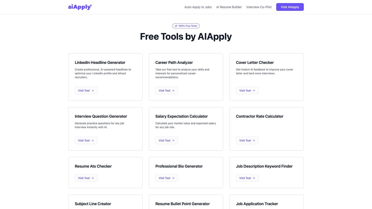 AIApply free tools homepage showing career decision tools including Job Offer Comparison Calculator and salary tools