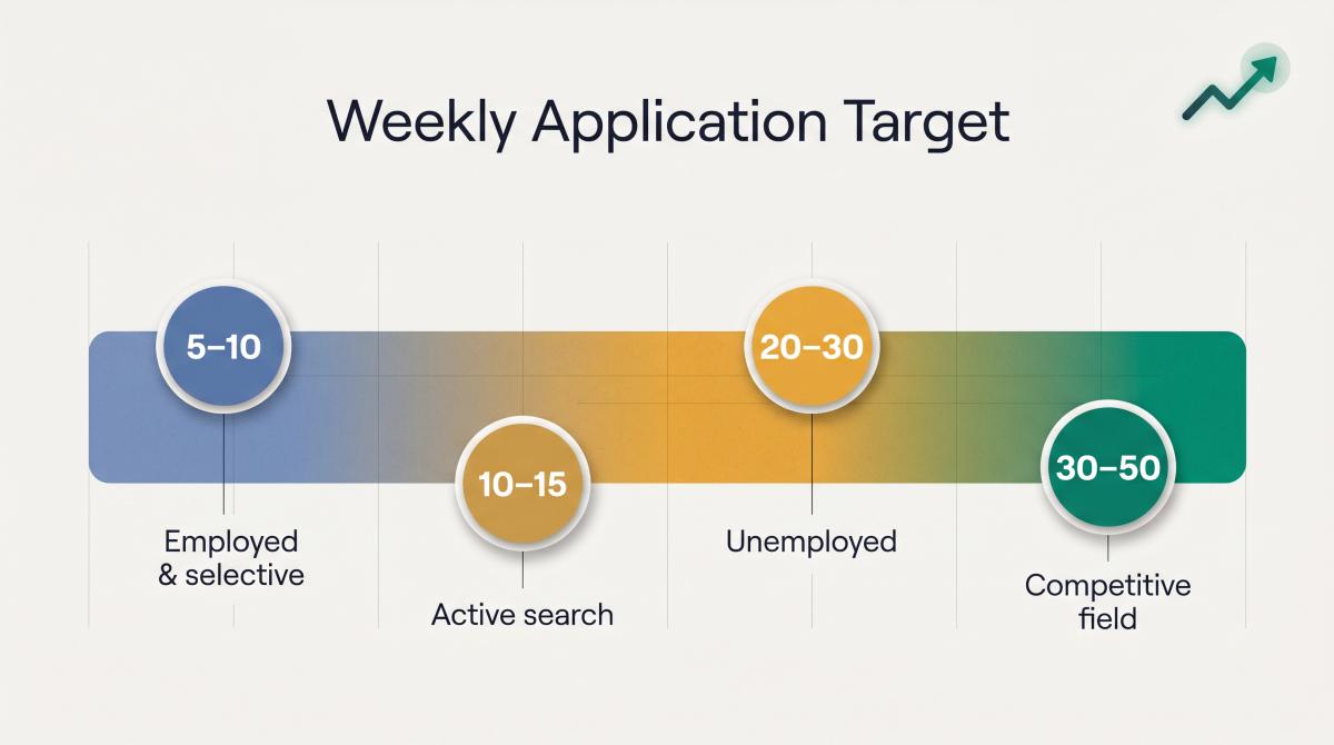 Editorial illustration showing a job application volume scale from 5-10 selective applications to 30-50 aggressive weekly targets by job-seeker situation