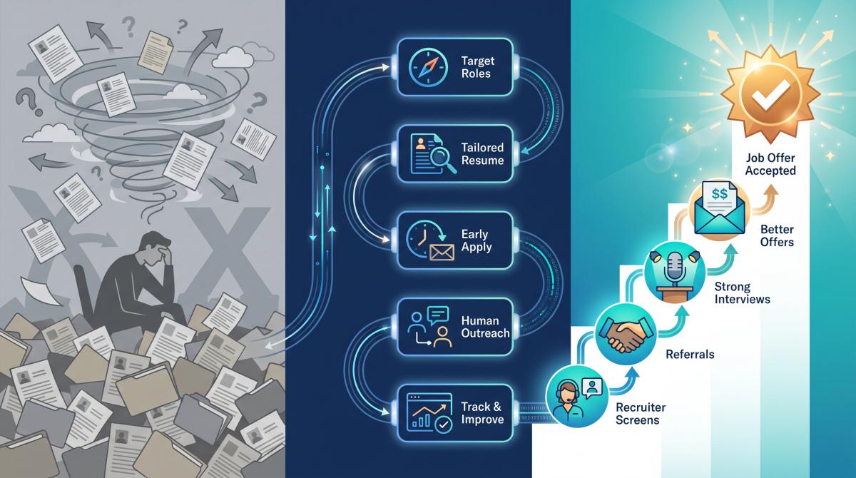 Editorial illustration of a job search pipeline progressing from scattered applications to a clear job offer, representing a successful system