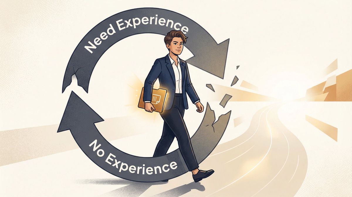A young professional stepping out of a circular no-experience catch-22 loop, breaking free toward a clear career path