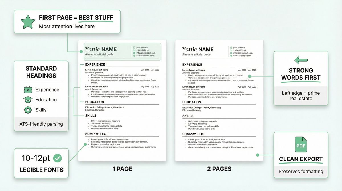 Resume formatting best practices showing first-page prioritization, standard headings, and legibility guidelines