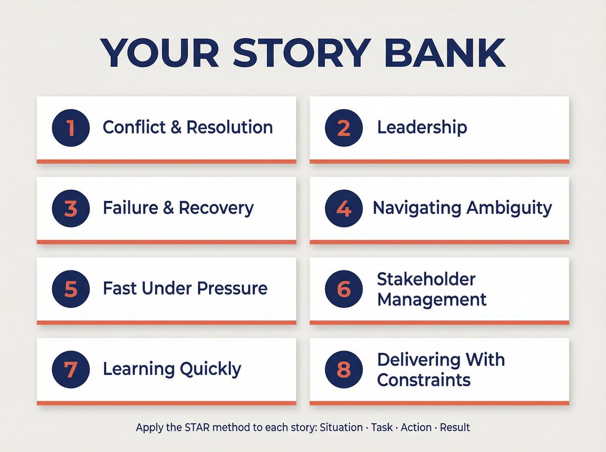 Story bank framework: 8 career story categories on clean index cards arranged in an organized grid for behavioral interview prep