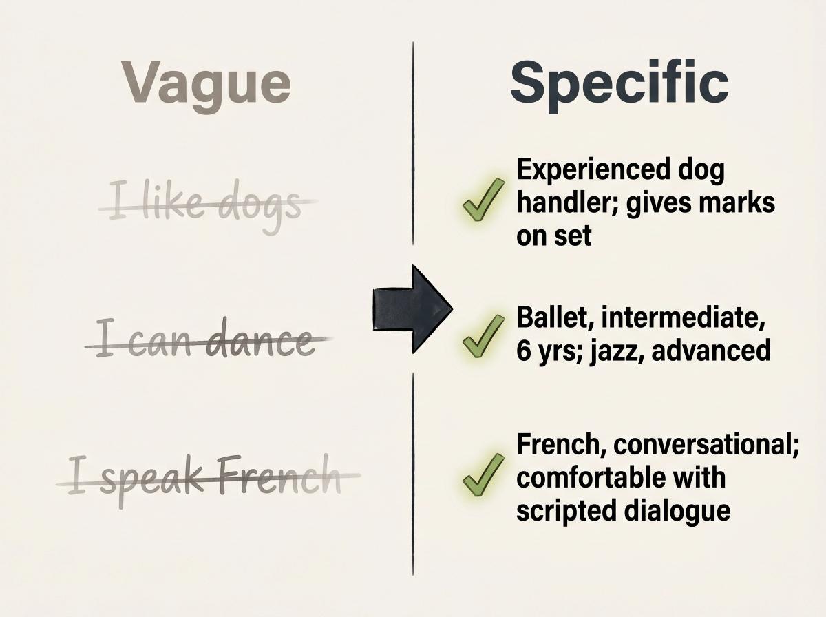 Side-by-side comparison of vague vs specific acting resume skill entries, showing the difference specificity makes