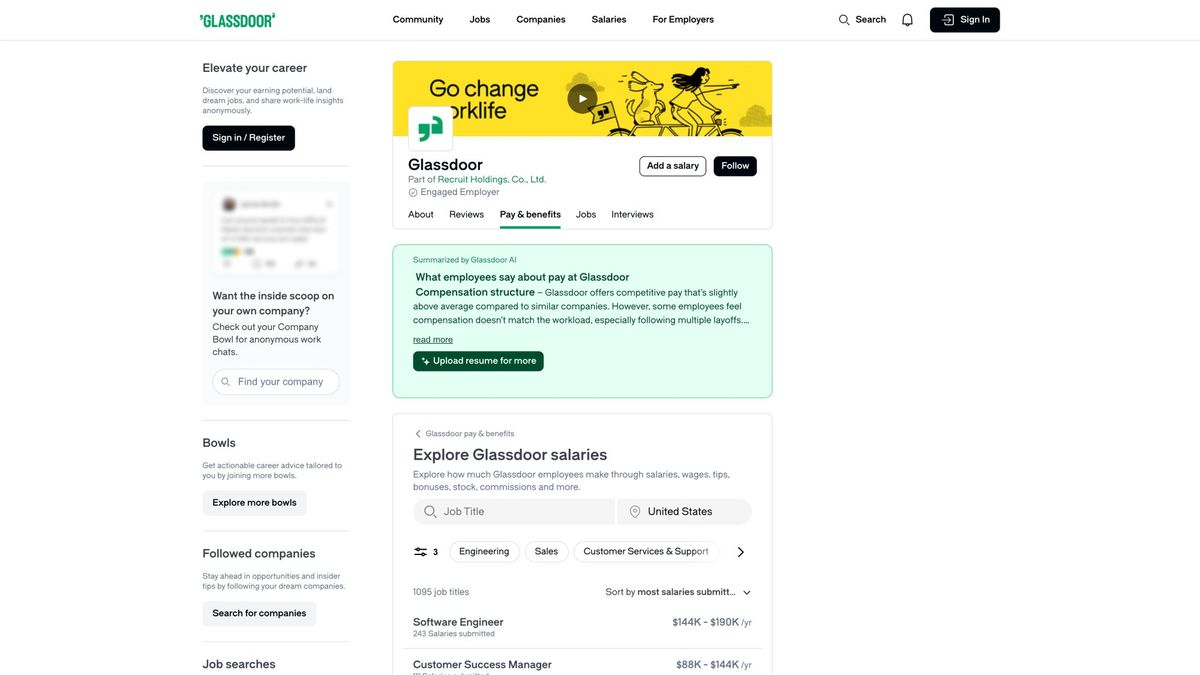 Glassdoor company salary page displaying total pay range, base salary breakdown, and additional compensation data