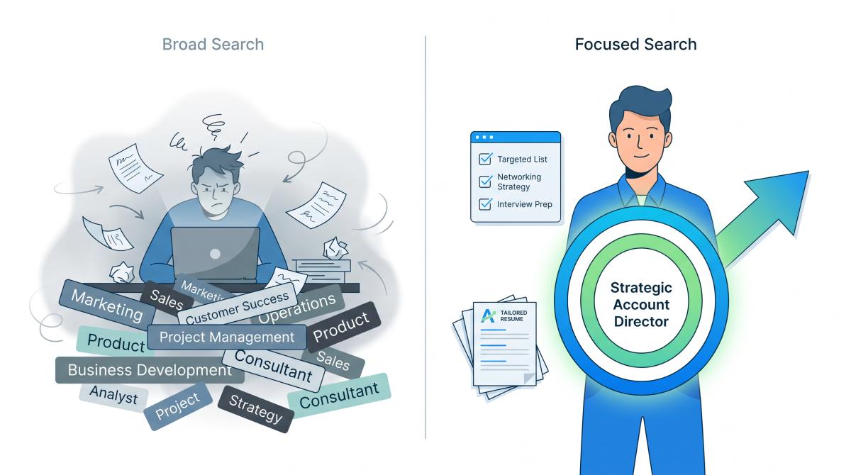 Split illustration: chaotic scattered job titles on left vs. single clear target role with structured focus on right
