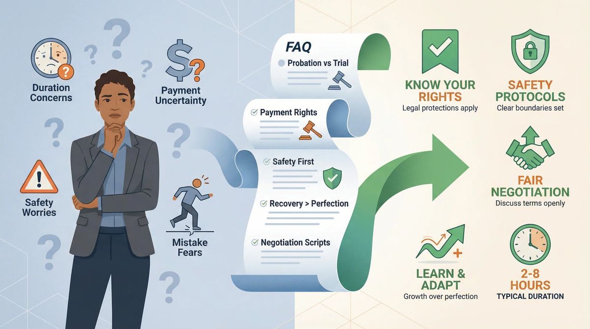 Illustrated FAQ guide showing job candidate questions transforming into clear answers about working interview rights and expectations