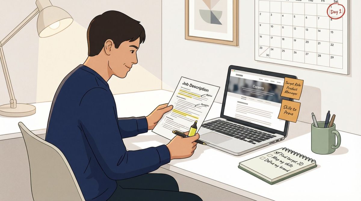 Ambitious intern at a modern desk studying a job description before their internship starts, mapping skills to a target full-time role