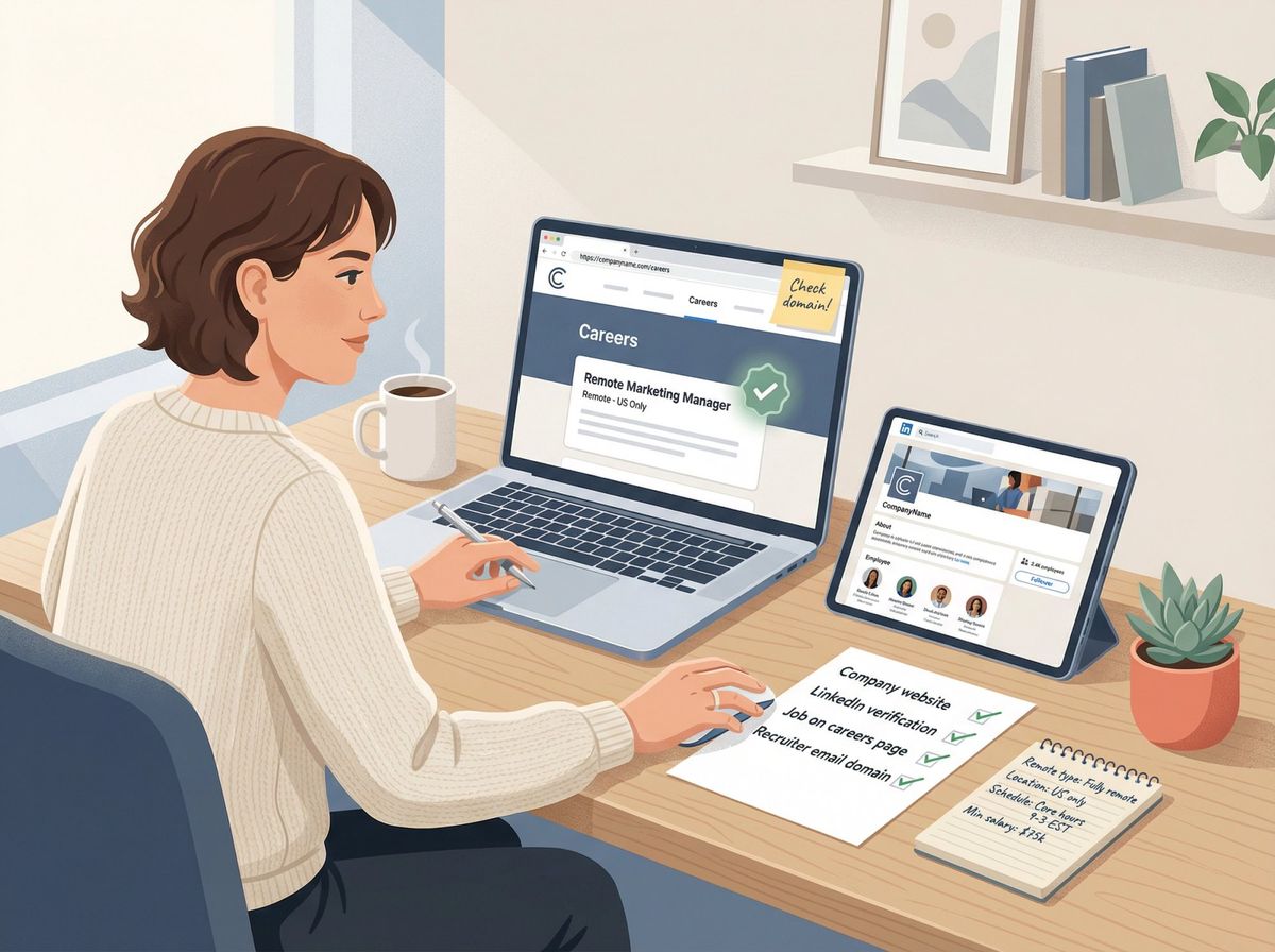 Job seeker verifying remote job legitimacy through multi-step research process at organized workspace