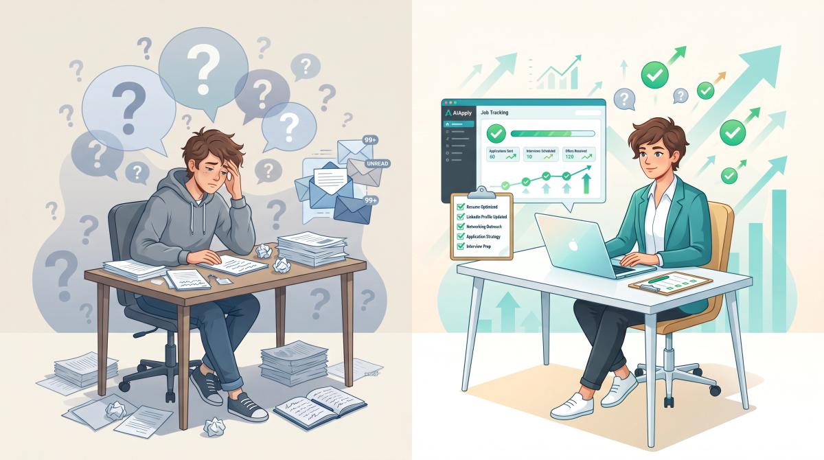 Split illustration: left side shows confused job seeker with scattered papers, right side shows confident job seeker with clear checklist and laptop, FAQ answers transform confusion into a clear job search system