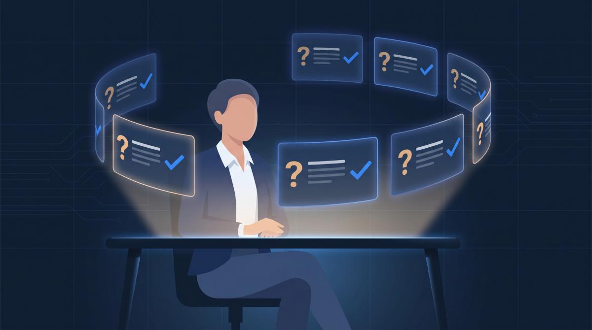 Job seeker at a clean desk with floating Q&A cards showing question marks turning into checkmarks, representing answered concerns about AI cover letters