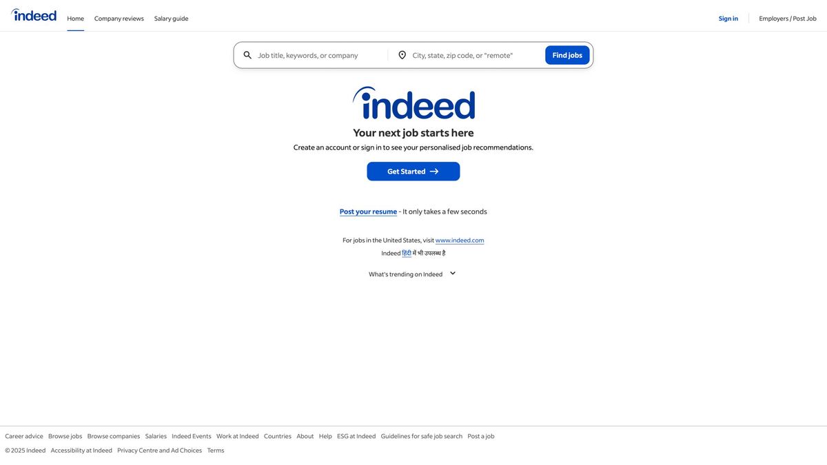 Indeed homepage showing job search interface and entry point for job seekers to begin their application journey